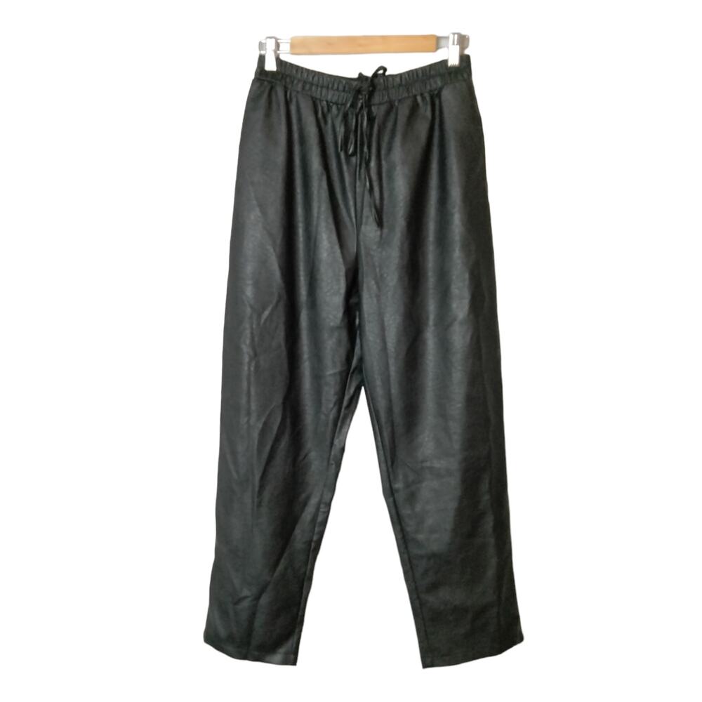 NWT NastyGal Sz 8 Black Faux Vegan Leather Pants Tie Waist Jogger Relaxed Baggy